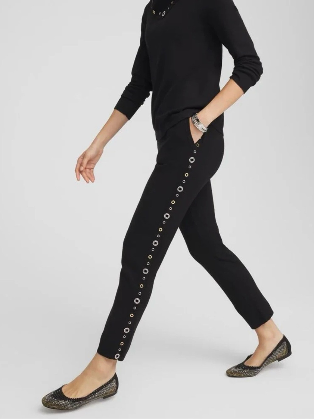 Chico’s Zenergy Cashmere Black Pants Grommets Rhinestones Size 3R